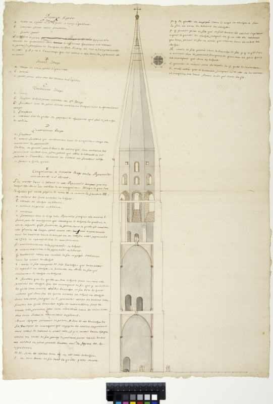 Södra klocktornet i katedralen i Chartres. Sektion, plan och lång beskrivande text