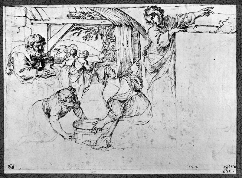 Study of several figures, two kneeling figures in the foreground. Youth pointing off right