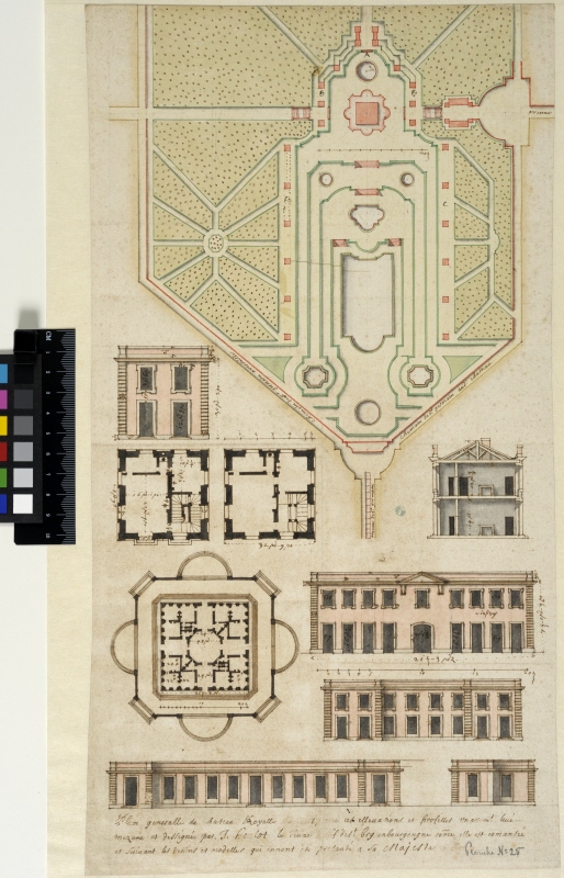 Château de Marly. Plans, elevations and a section of the château and park