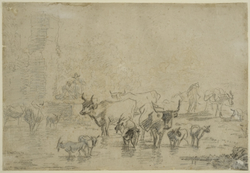 A Herd of Animals in a Pond near some Ruins