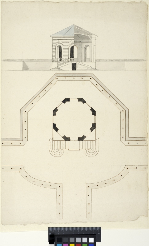 Elevation, sektion och plan av trädgårdspaviljong, troligen ett förprojekt till Pavillon de l'Aurore i parken vid Sceaux
