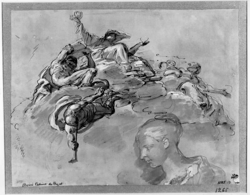 Study for ceiling decoration, below a head of a woman, profile left