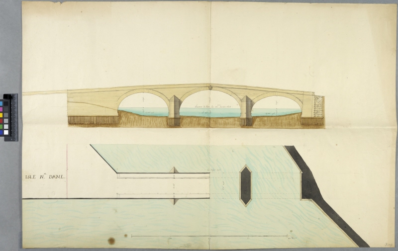 Ritning till bro med tre spann, från 'Isle Notre Dame', Paris. Elevation och plan, samt med uppgifter om vattenståndet 20 januari 1698