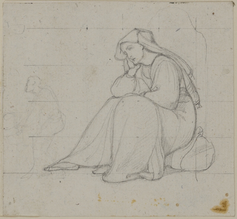 Gammal kvinna sittande på sitt knyte