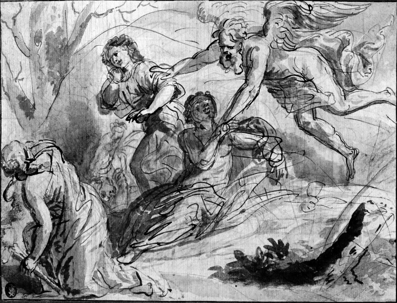 Time (Saturn) separates a man from a woman while a woman with a bridal torch runs away to the right