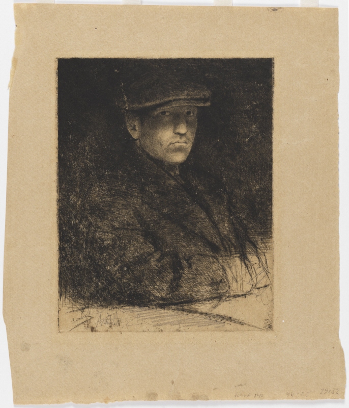 Self-portrait with sport cap, Axel Fridell (1894-1935), graphic artist, married to Ingrid Vilhelmina Starck