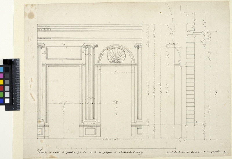 Pavillon de l'Aurore, Sceaux. Interior elevation and section through a wall