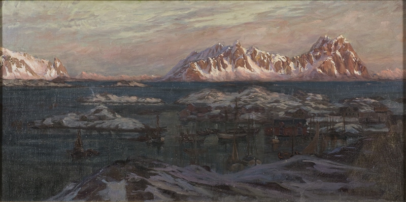 Fishing Harbour with Sunlit Mountains. Study from North Norway
