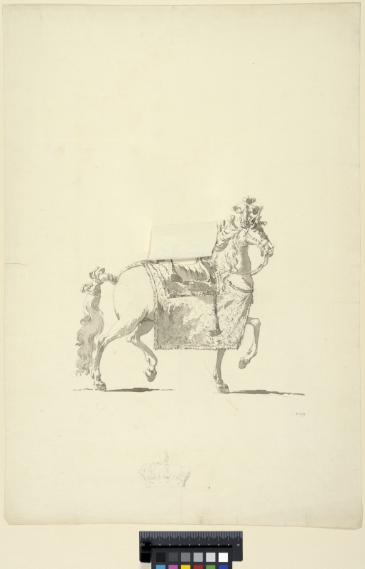 Draft for the Caparison of the Coronation of Adolph Frederick. Also a royal crown. An alternative saddle showing on a flap