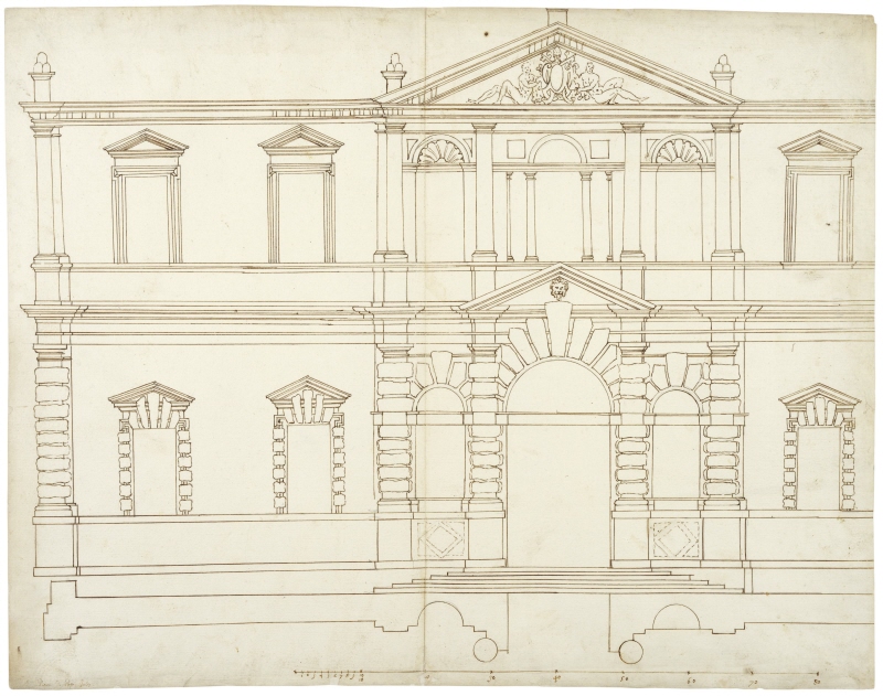 Villa Giulia, Rom. Projekt till huvudfasaden, elevation och plan. Ej utfört variant med frontoner och gördellister