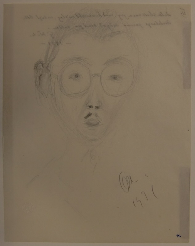 Gunnar W. Lundberg (1903-1986), konsthistoriker, g.m. 1. Olga Sofie-Louise Appellöf, 2. Monne Stang Braadland, humoristiskt porträtt, ansikte av kinesisk typ med stora glasögon