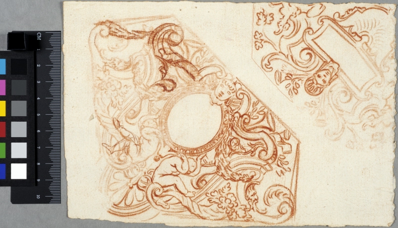 Two Drafts for Corners of a Ceiling Decoration with Framings for a Rectangular Cartouche and an Oval Medallion
