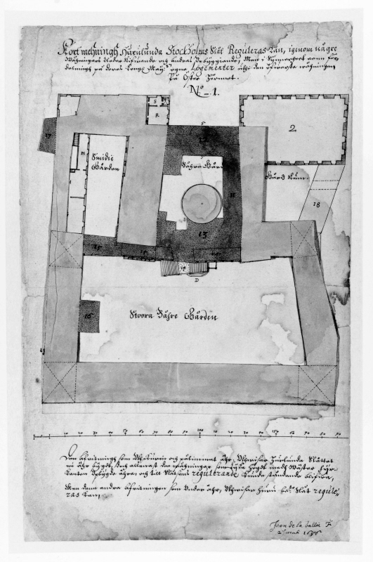 Stockholms slott;  planritning av slottets utseende med underliggande förslag till ombyggnad, 1656. No. 1