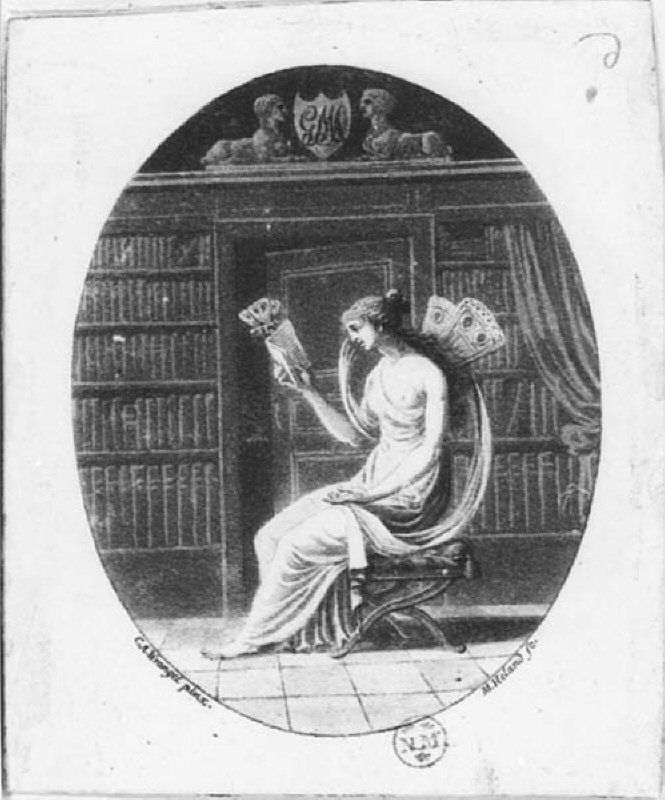 Exlibris, Psyke i antik dräkt sittande i ett bibliotek