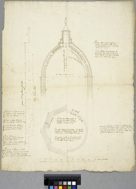 The Cathedral S. Maria del Fiore, Florence. Section and plan of the cupola. Text in Italian and French
