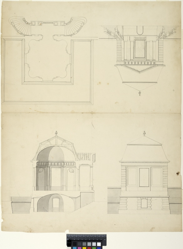 Plan, longitudinal section and elevations of a garden pavillion, possibly an early project for the Pavillon de l'Aurore at Sceaux