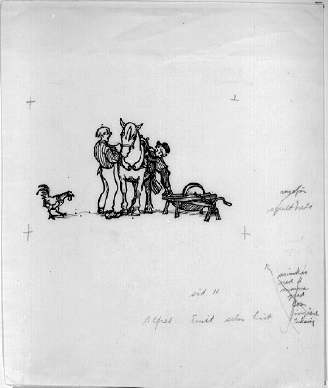 Illustration till "Nya hyss av Emil i Lönneberga" av Astrid Lindgren. Alfred och Emil selar häst, sidan 11