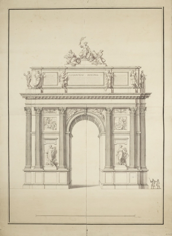 Förslag till Triumfbåge, förhärligande 'Ludovico Magno' / Ludvig XIV. Elevation med figurer