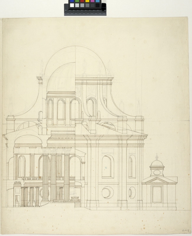 Förslag till kyrka för Hôtel des Invalides, Paris; sektion och elevation