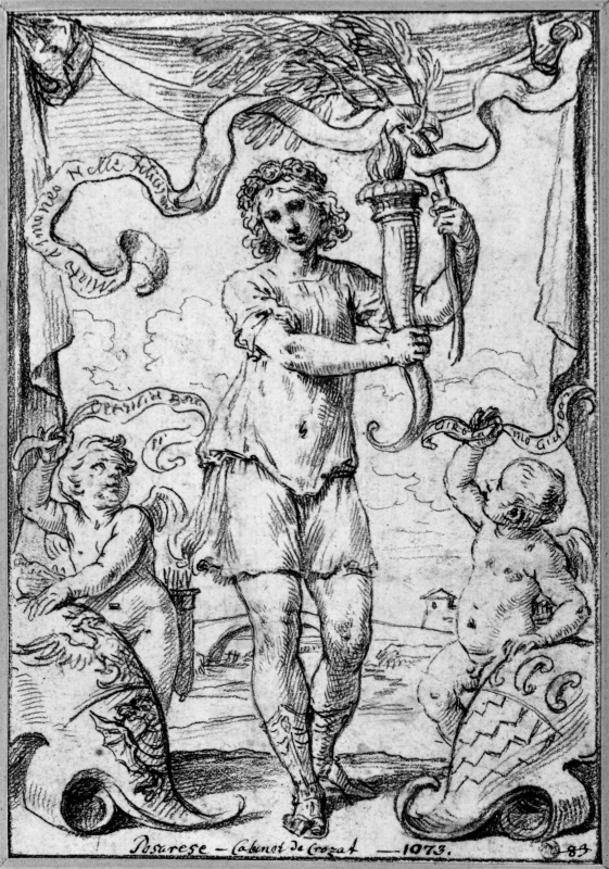Skiss till titelsida framställande Hymen samt vapensköldar för Girolamo Giardino och Ortensia Borghese
