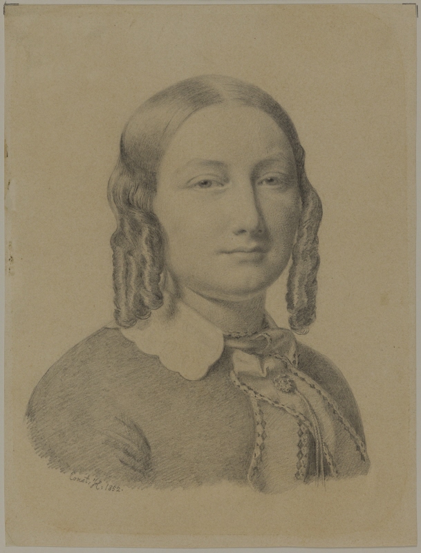 Porträtt av dam med korkskruvslockar