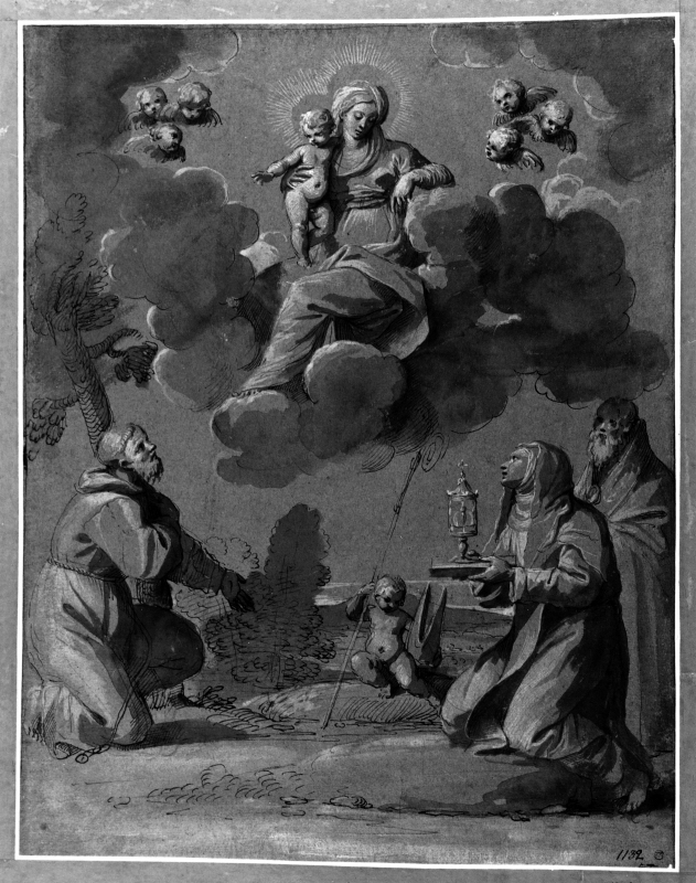 Jungfrun i skyn tillbedd av tre helgon: S:t Franciskus, S:ta Therese och en helig biskop