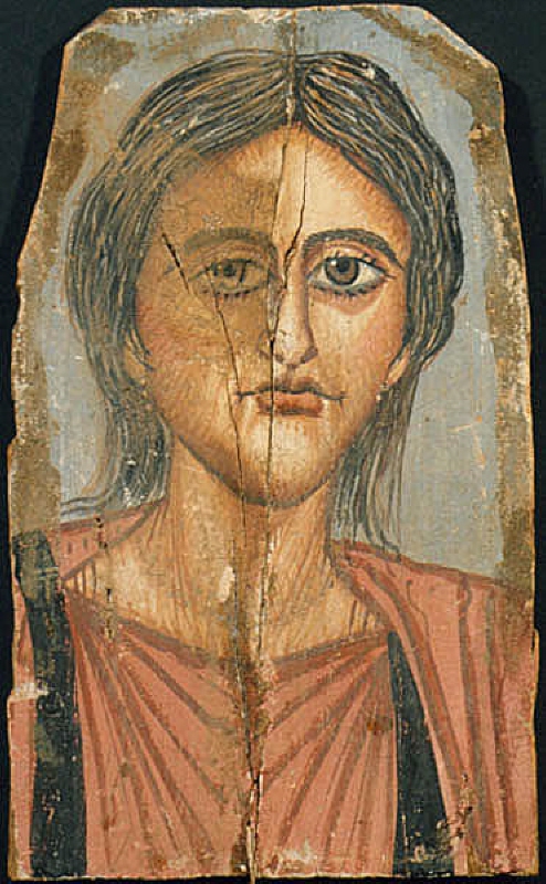 Mumieporträtt från Faijum. Kvinna med mittbenat, stripigt och grått hår