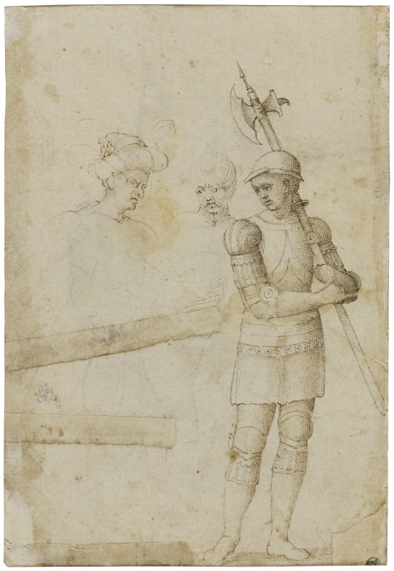 A soldier with a halberd, two oriental heads