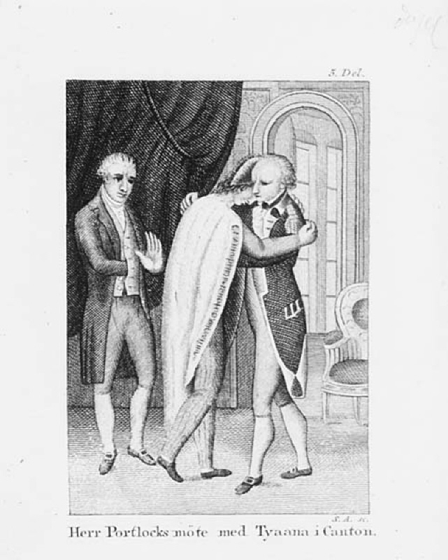 Bokillustration med texten: "Herr Portlocks möte med Tyaana i Canton."