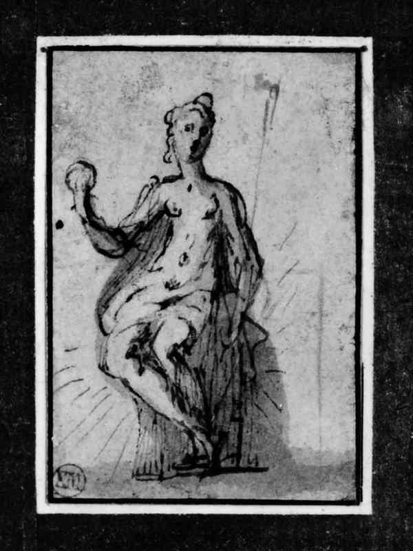 Kvinna med draperade ben med en glob i sin högra hand och en stav i sin vänstra