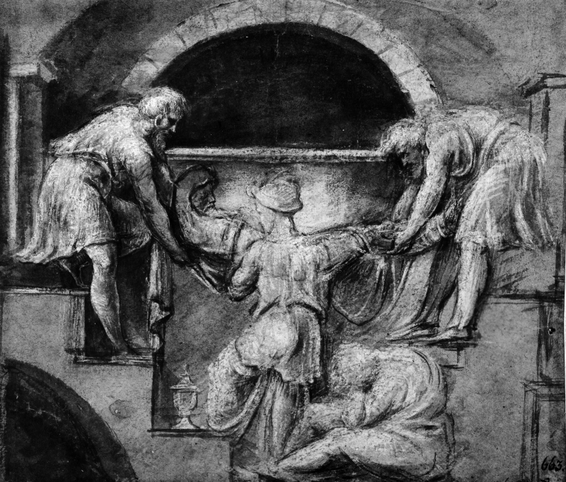 Dead man being placed in crypt by three men