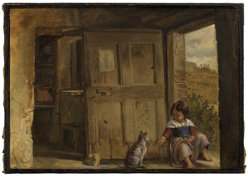 Interiör från den Romerska Campagnan med en flicka och en katt