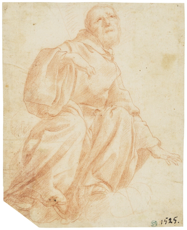 Bearded monk seated on clouds