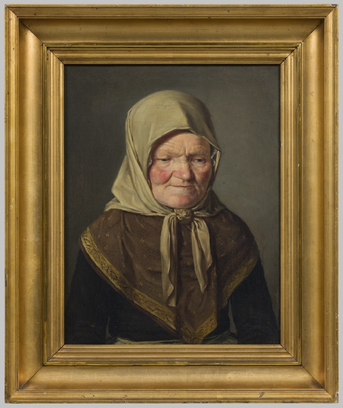 Studie av en gammal kvinna med huckle och sjal