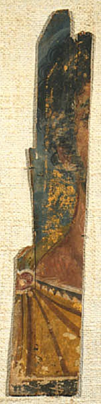 Fragment av mumieporträtt från Faijum. Skäggig man med svart hår