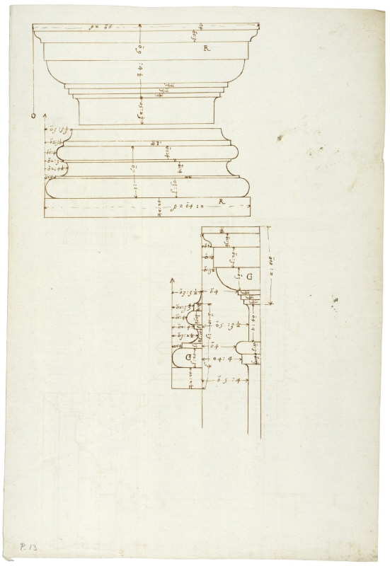 Rome: San Pietro in Montorio, Tempietto, elevation of base and capital of the exterior order (above); profile of base and capital of the interior order (below)