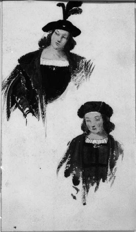 Figurskisser ur "Aeneas Sylvius som sändebud hos konung Jakob av Skottland". Målning i Librerian i Siena