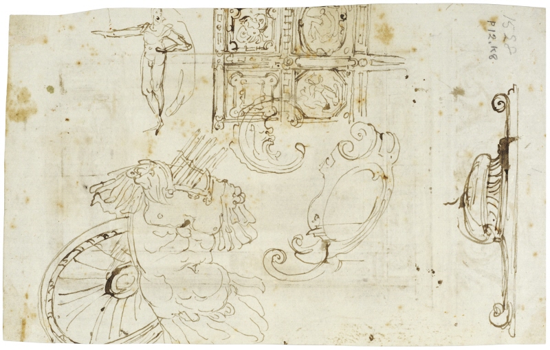 Unknown location: studies for a standing figure, a coffered ceiling, an ornament, a cartouche, a Roman cuirass and a console