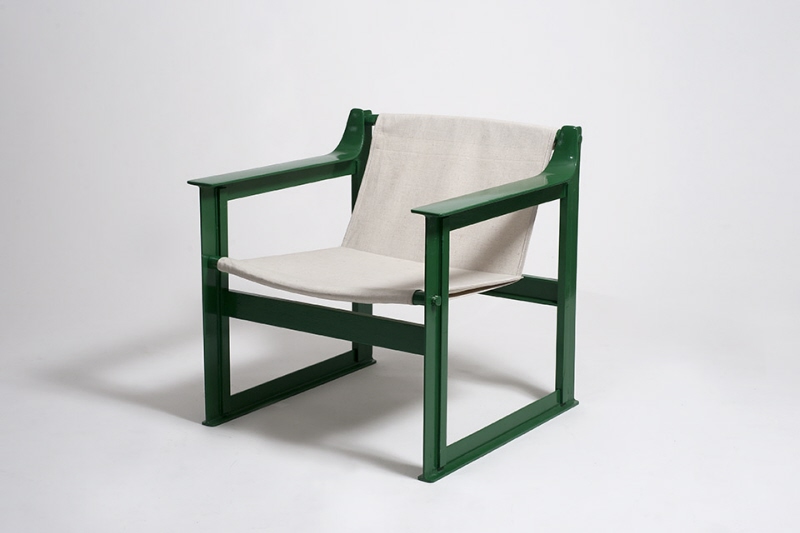 Chair, laquered green with seat and back of beige cloth