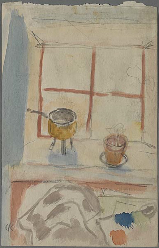 Fönster med gryta och krukväxt; verso: bordshörn med brödskiva och kopp