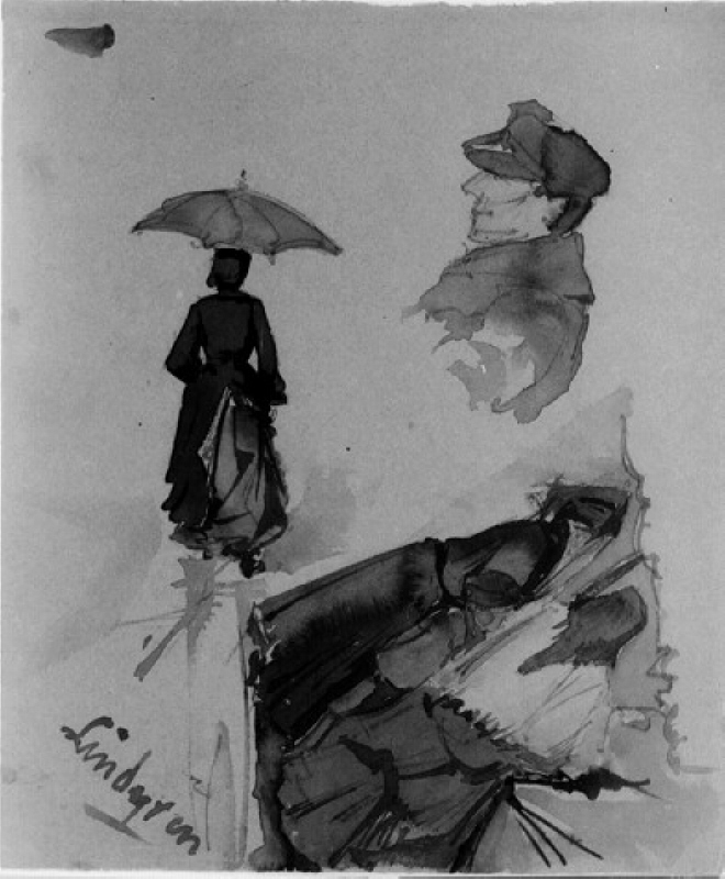 Tre skisser. 1: Kvinna under paraply. 2: Man med skärmmössa. 3. Gosse mellan två kvinnor i schalett