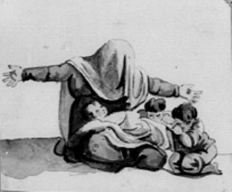 Kvinna i dok med tre barn, efter förlaga av Pinelli
