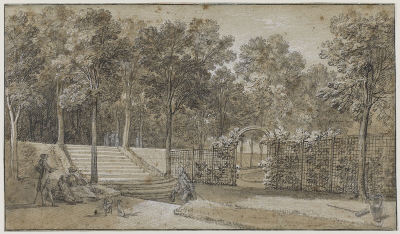 Vy över parken i Arcueil : Orangeriets terrass, mot nord, med den höga skogsparkens taluskon