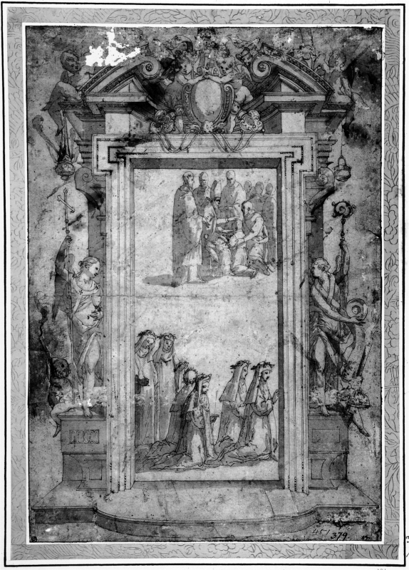 Altartavla med en påve som uttalar en välsignelse i en portgång