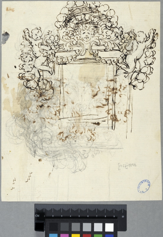 Design for a mirrorframe, with acantusfoliage, putti, and radiant face