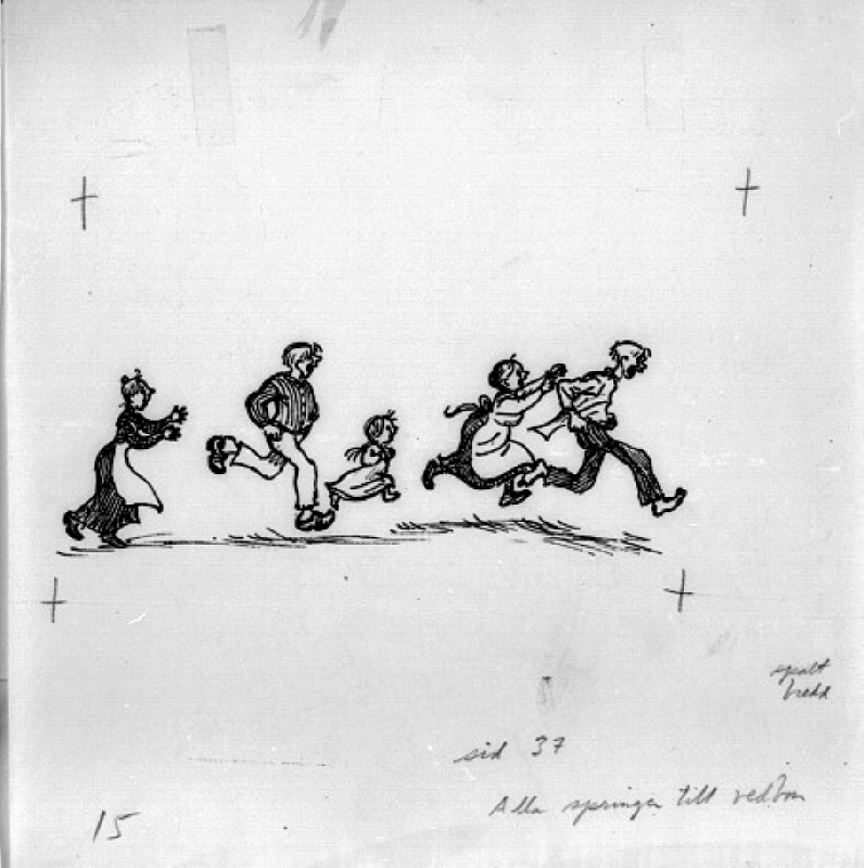 Illustration till "Nya hyss av Emil i Lönneberga" av Astrid Lindgren. Alla springer till vedboden, sidan 37