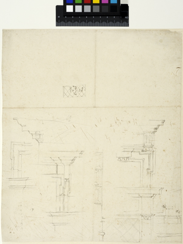Arkitekturdetaljer, takgesimser och fönsteromfattningar, från palats i Rom
