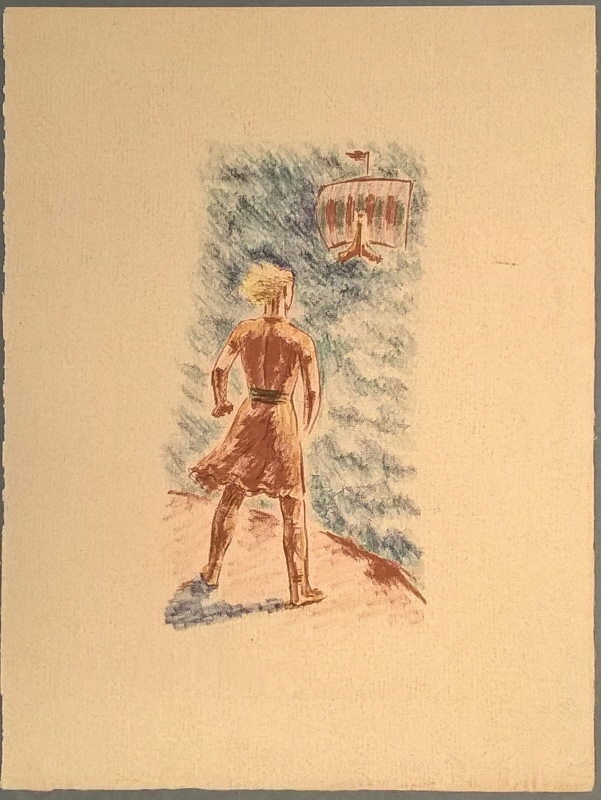 En viking, sedd bakifrån, betraktar ett skepp som kommer mot honom