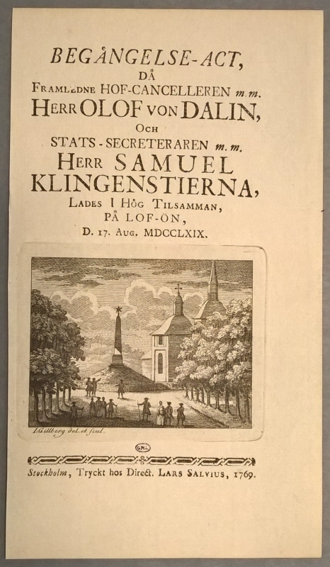 Illustration till Olof von Dalins (1708-1763), författare och historiograf, och Samuel Klingenstiernas (1698-1765), matematiker, likbegängelse 17 augusti 1769
