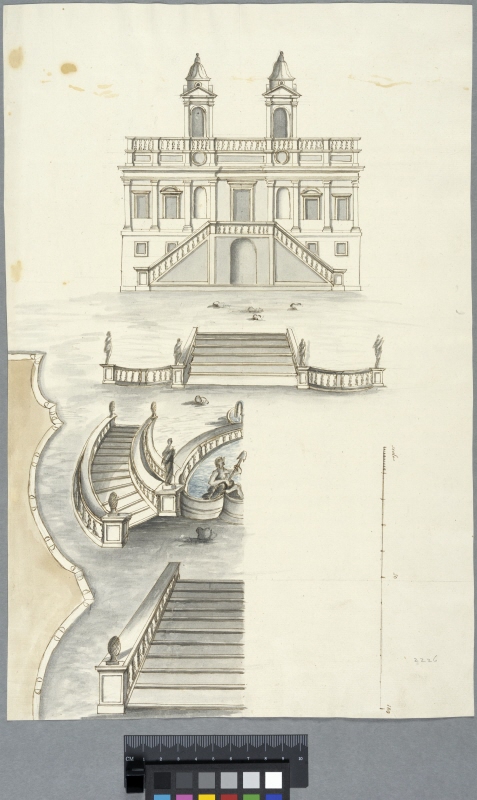 Spanska trappan, Rom: elevation med trappan och del av trappan samt kyrkan Trinità dei Monti